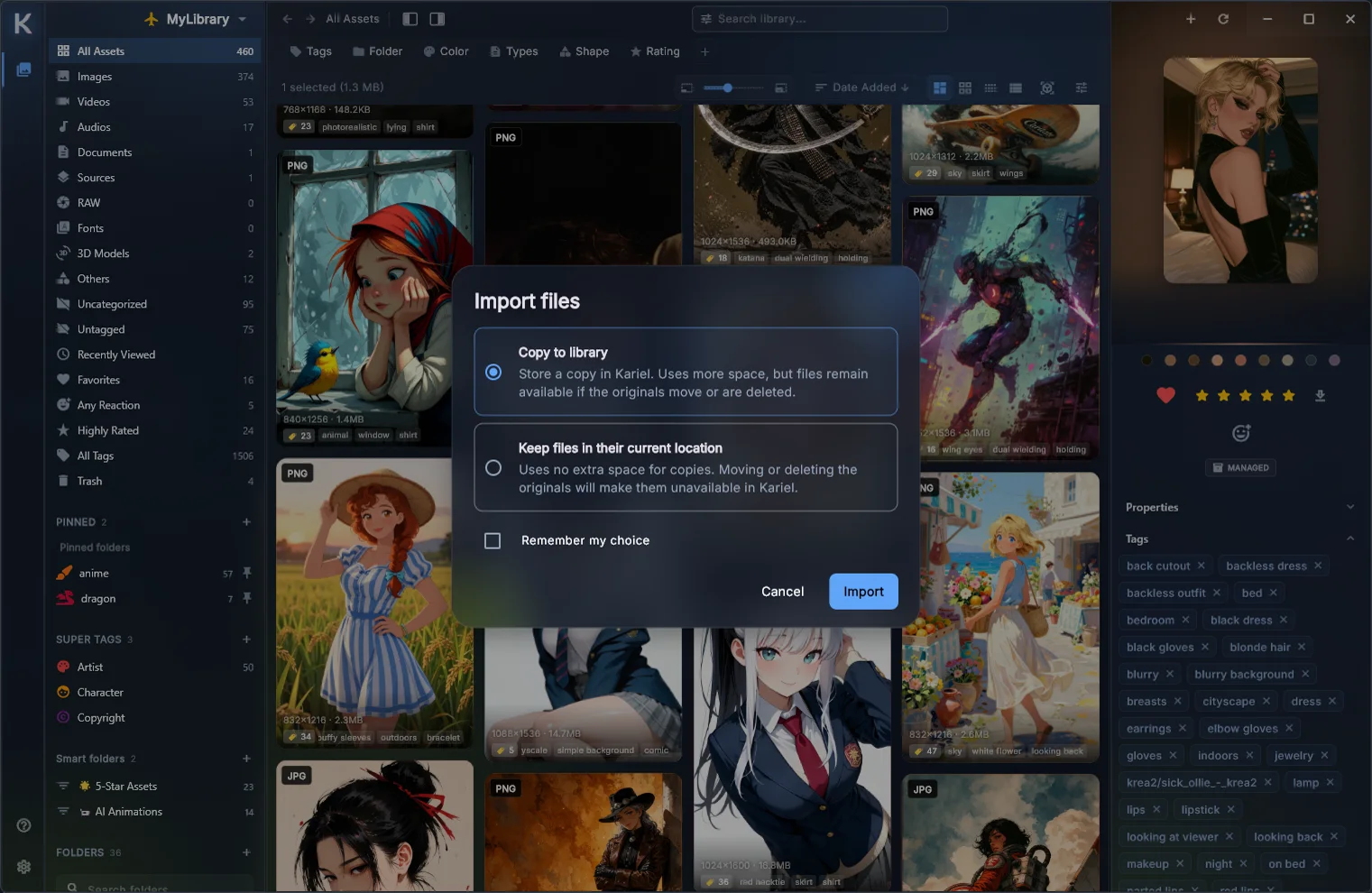 The import choice dialog